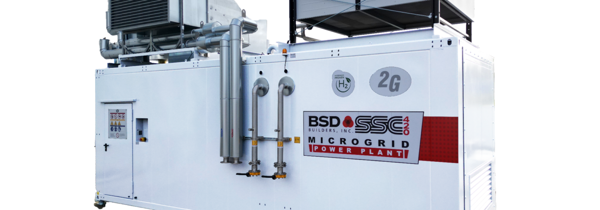 An isolated view of a white BSD SSC Microgrid Power Plant unit featuring dual cooling fans, external piping, and H2 hydrogen-proven labeling.